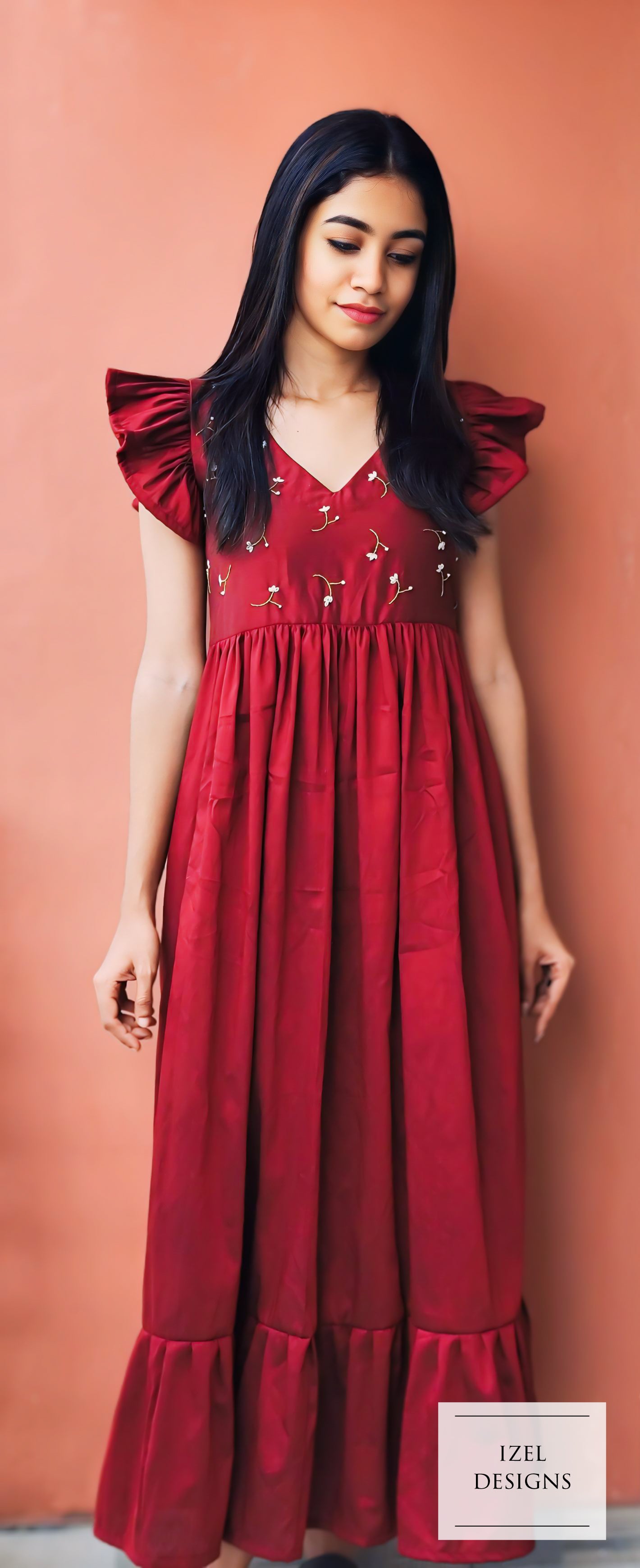 Hand embroidery gathered maxi dress