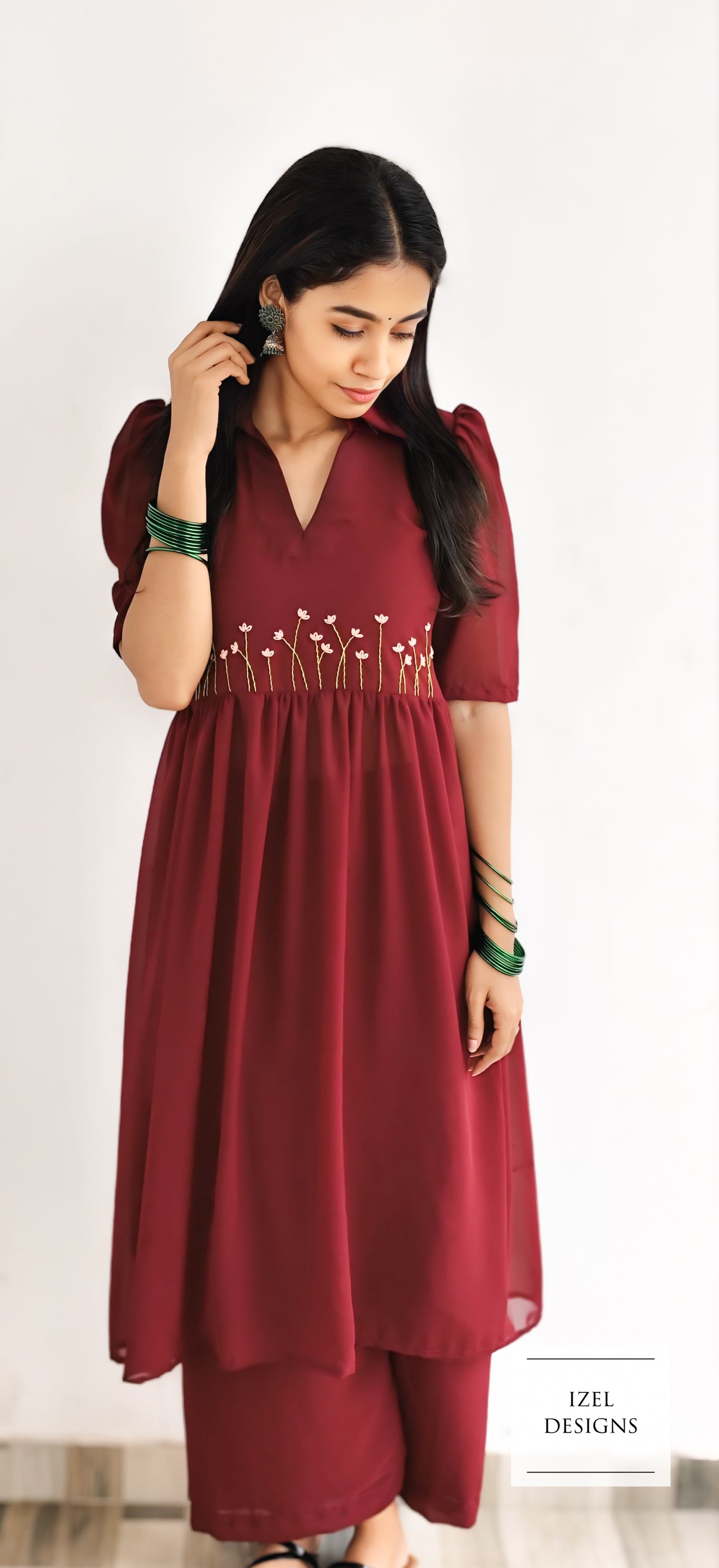 Hand embroidery slitted gather top & loose bottom