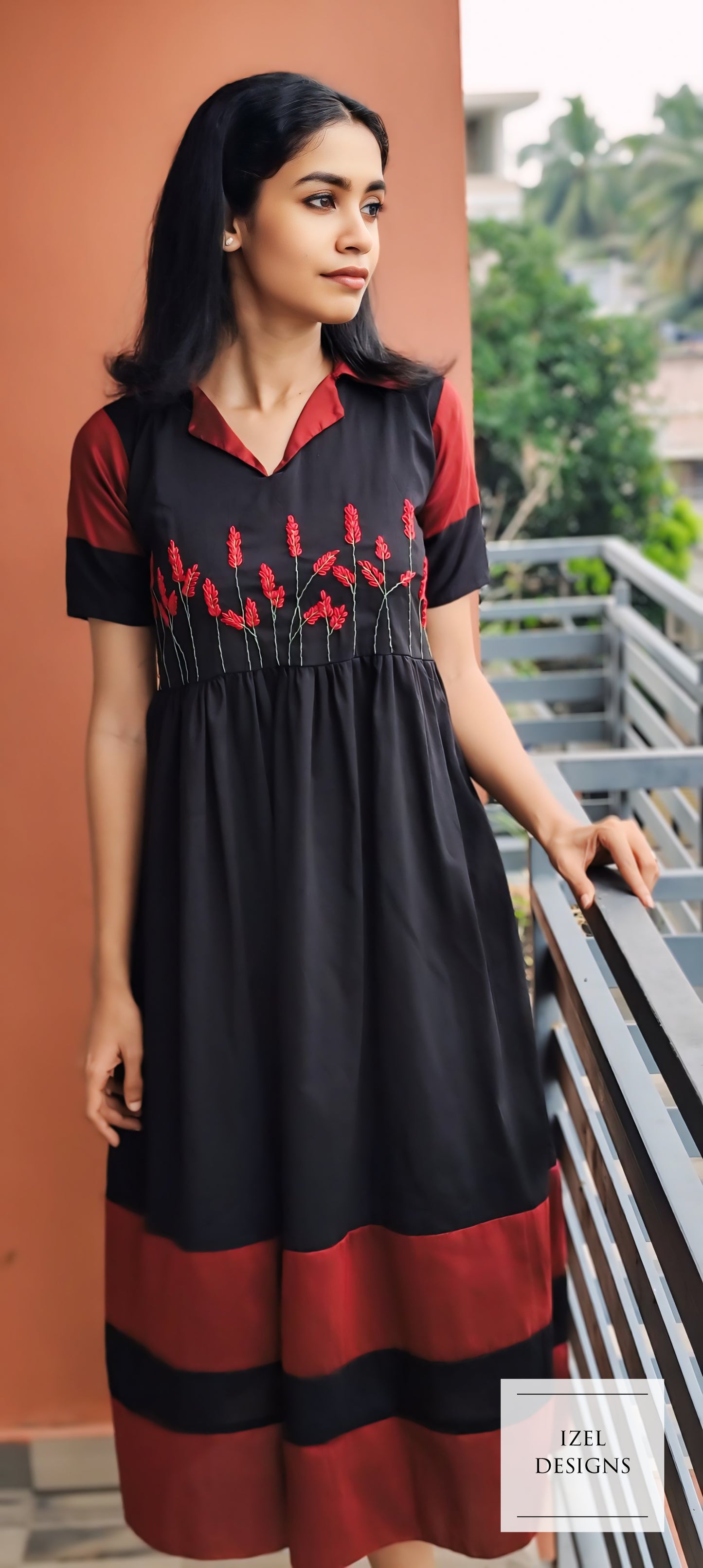 Hand embroidery gathered maxi dress