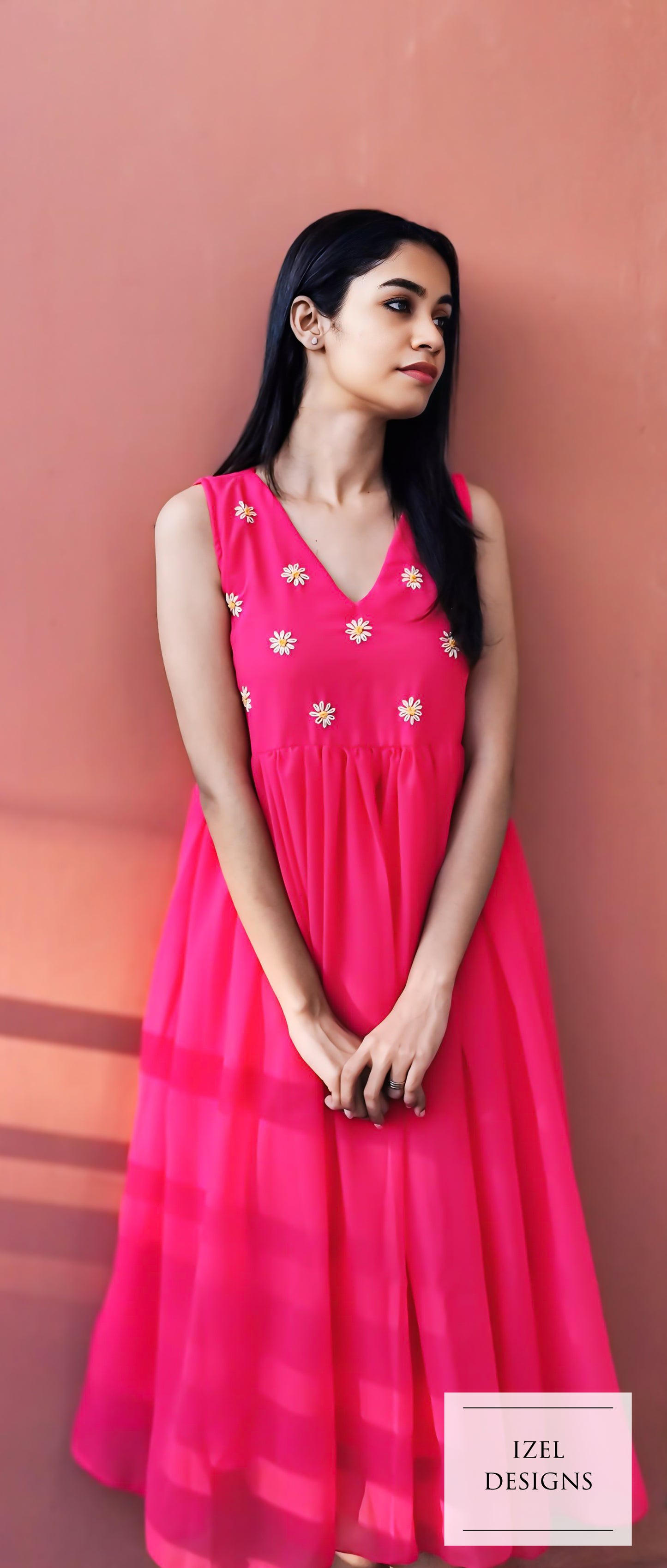 Hand embroidery gathered aline maxi dress