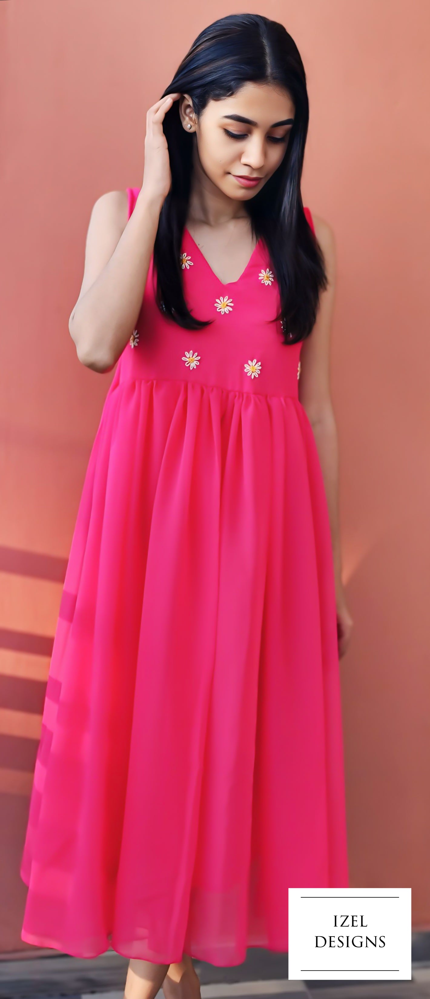 Hand embroidery gathered aline maxi dress