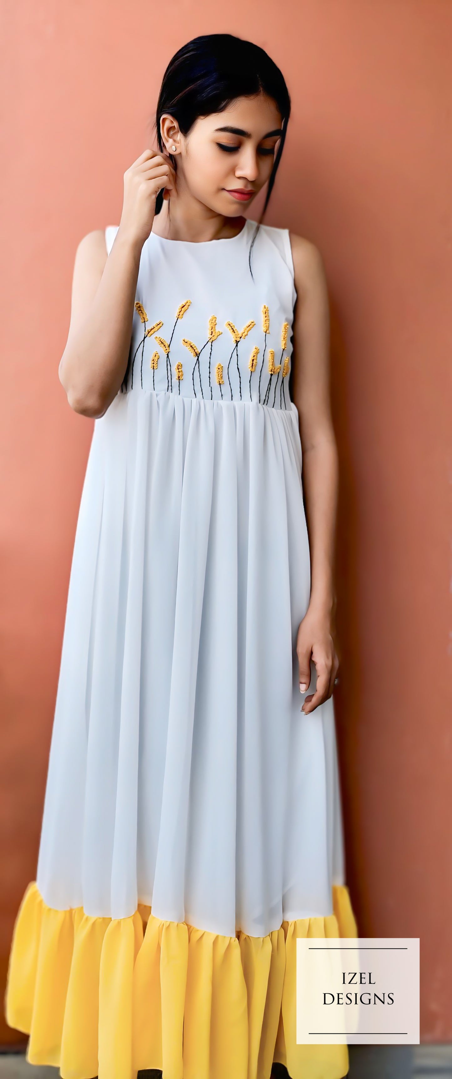 Hand embroidery gathered maxi dress