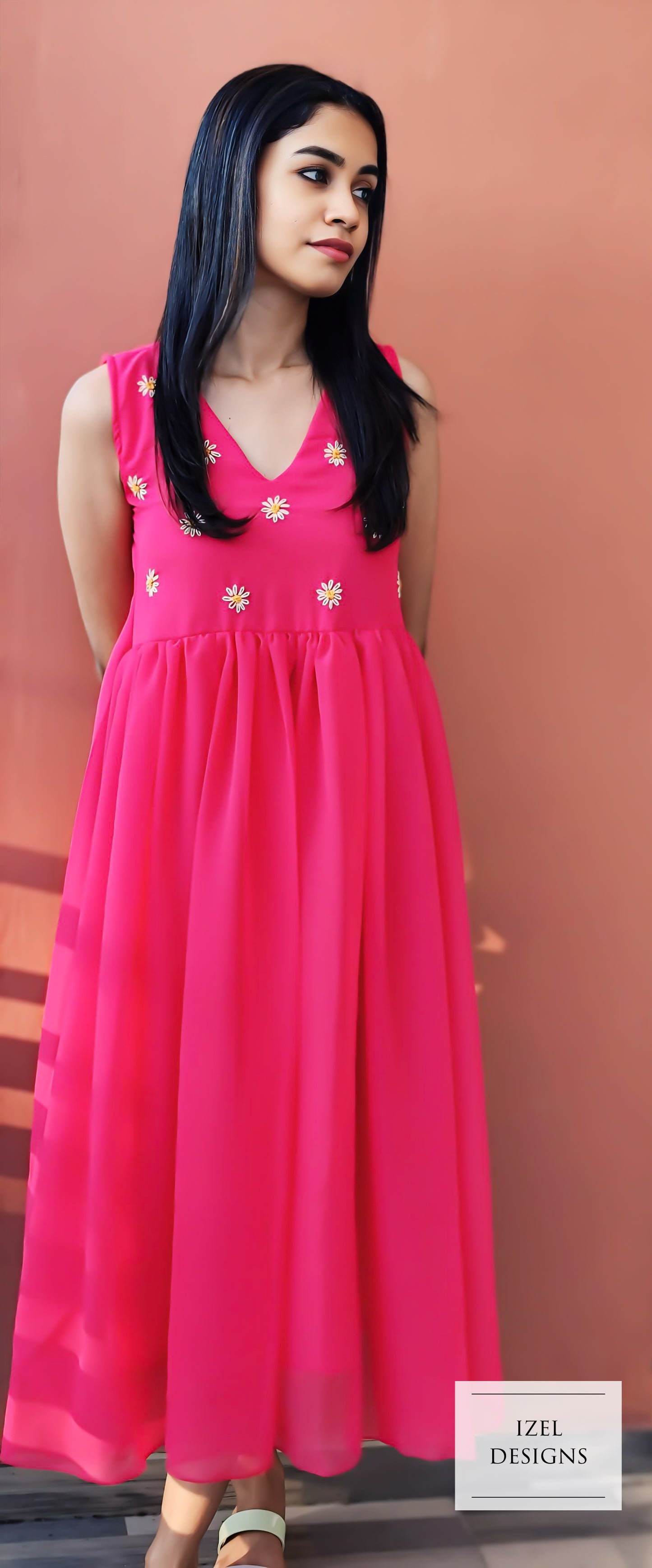 Hand embroidery gathered aline maxi dress