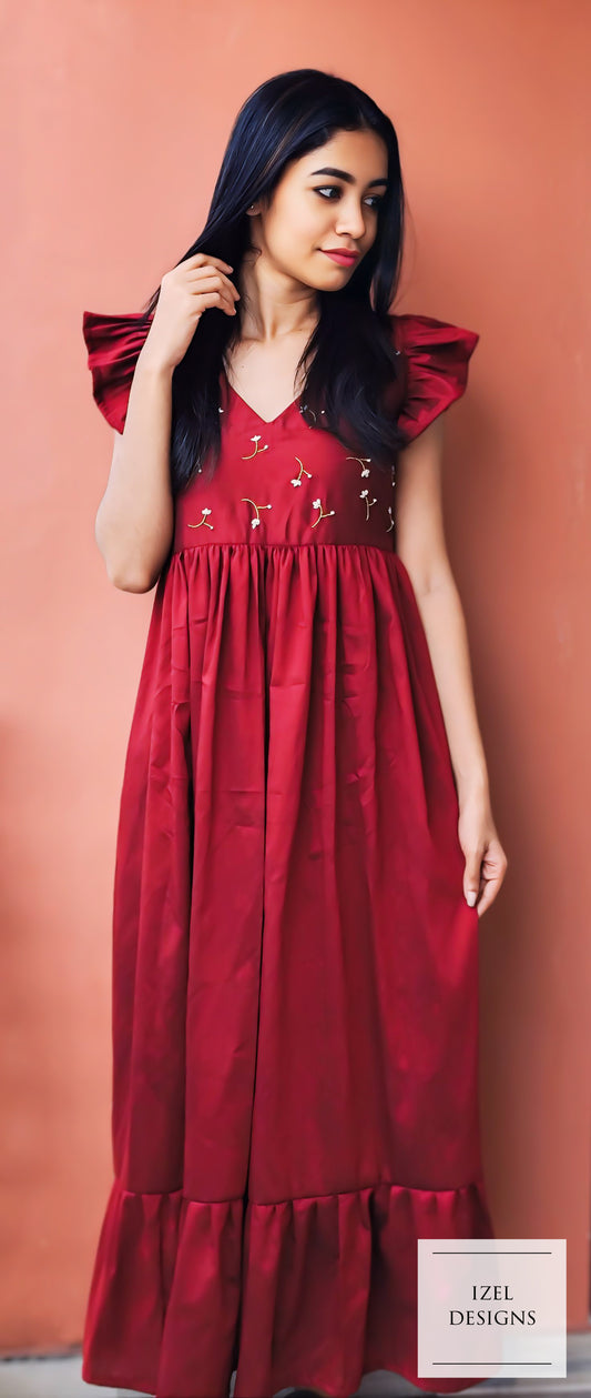 Hand embroidery gathered maxi dress