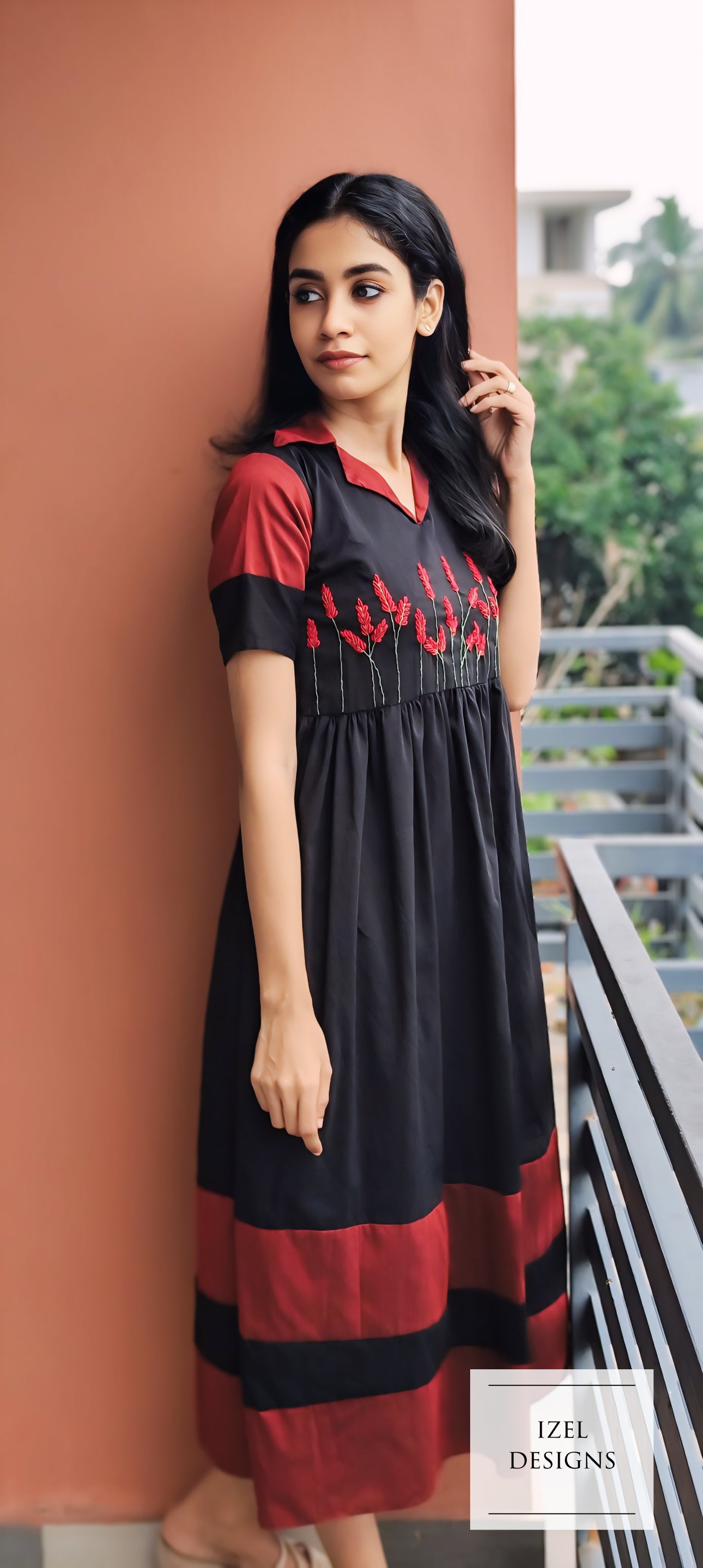 Hand embroidery gathered maxi dress