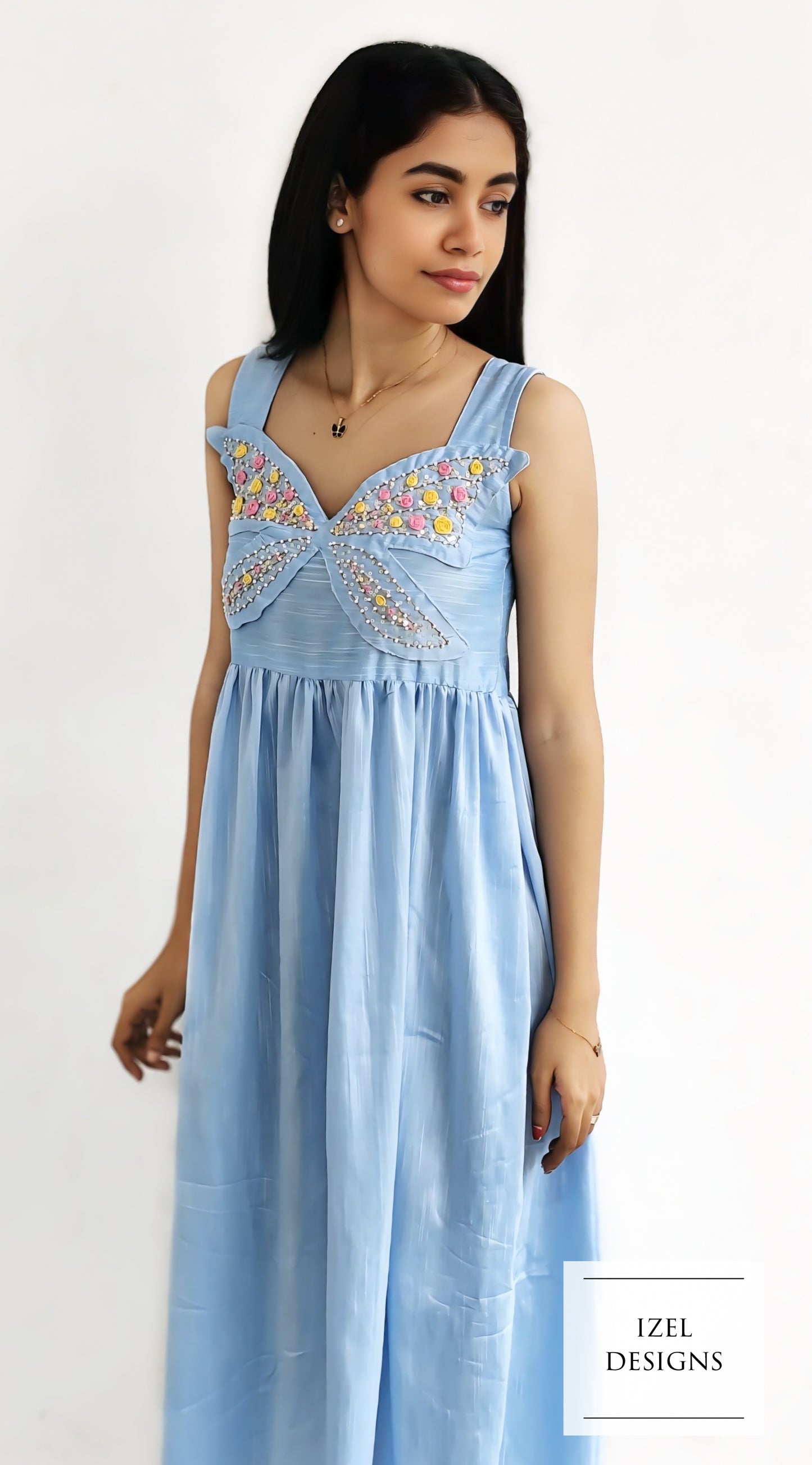 Hand embroidery gathered maxi dress