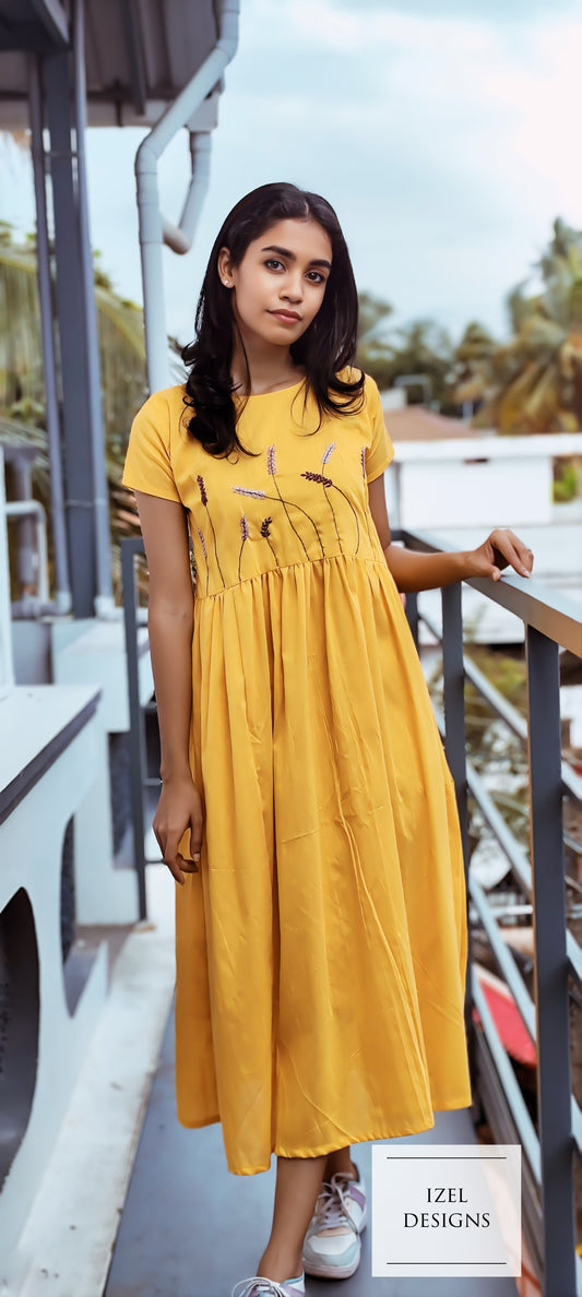 Hand embroidery gathered maxi dress