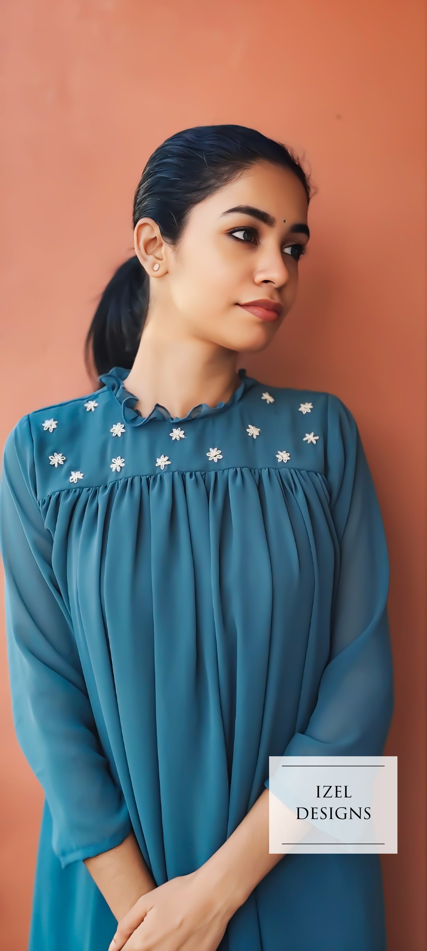 Hand embroidery gathered maxi dress