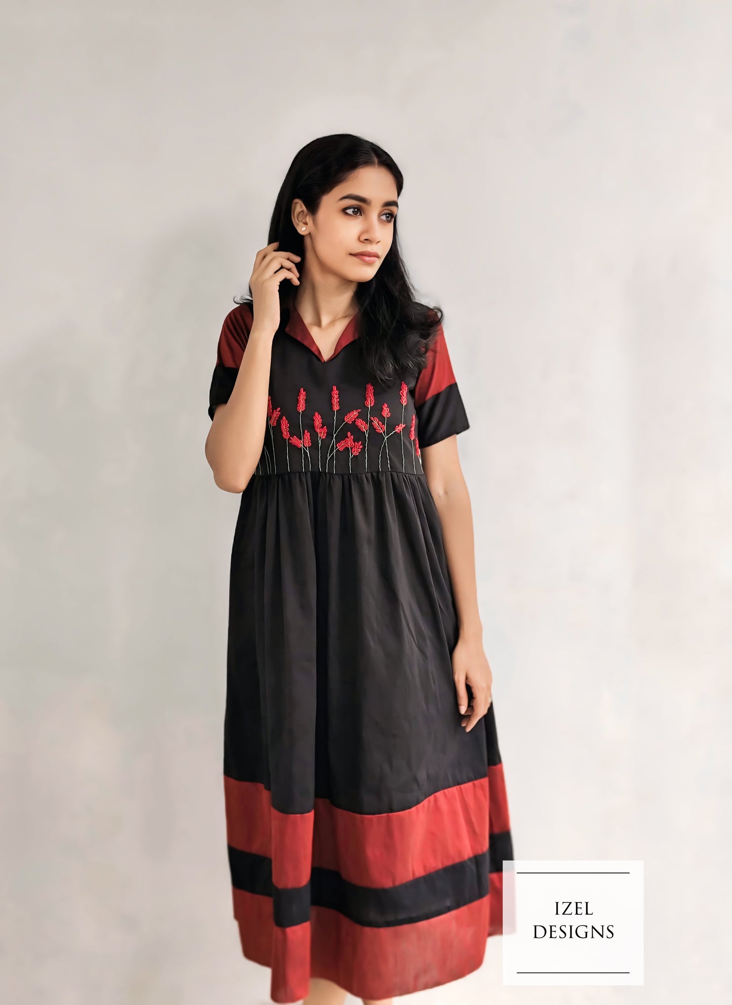 Hand embroidery gathered maxi dress