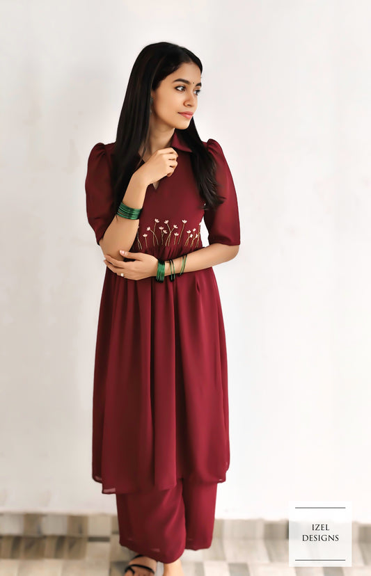 Hand embroidery slitted gather top & loose bottom