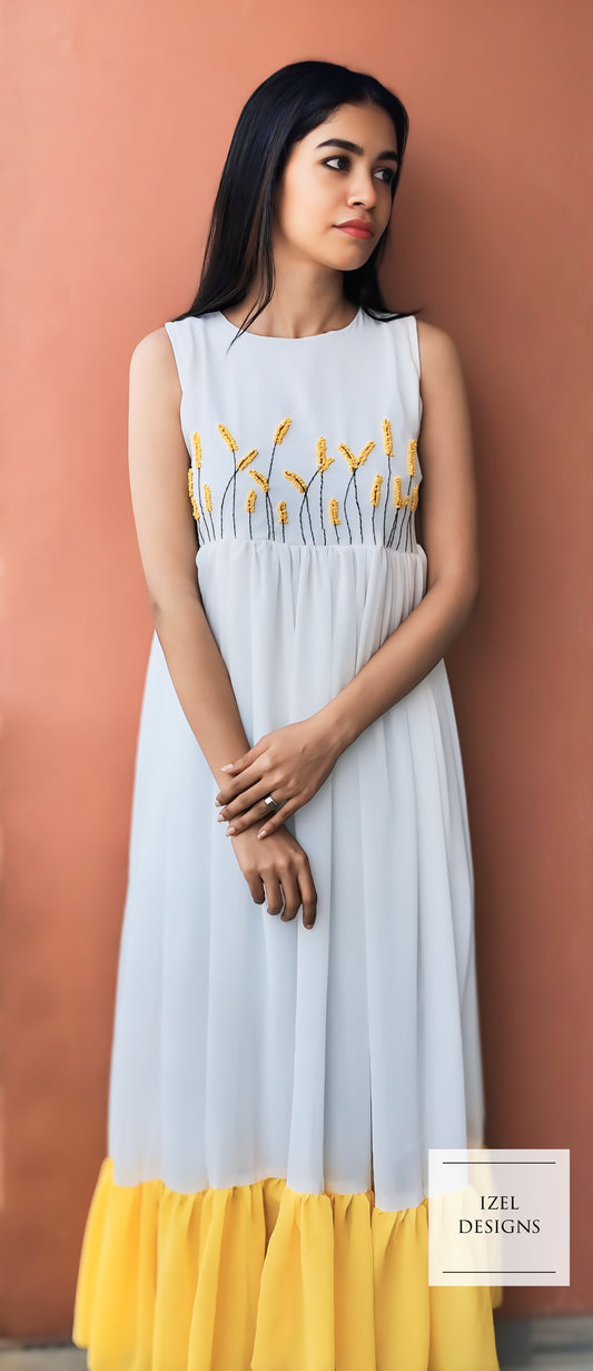 Hand embroidery gathered maxi dress