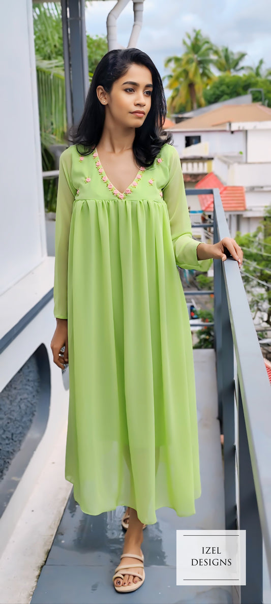 Hand embroidery gathered maxi dress