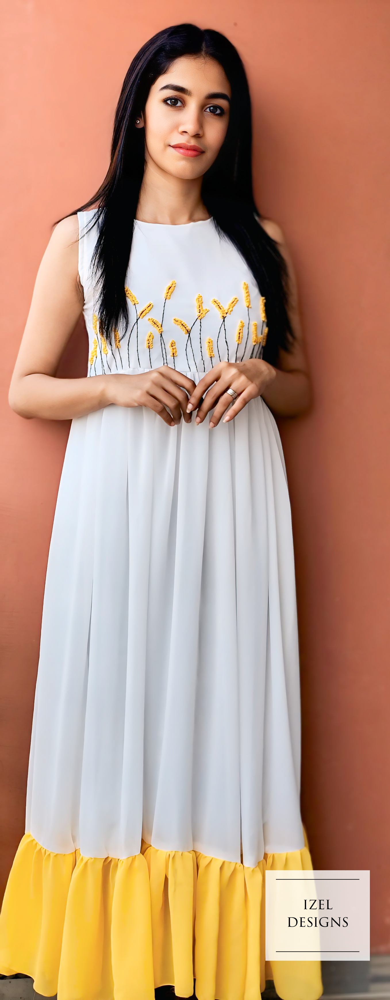 Hand embroidery gathered maxi dress