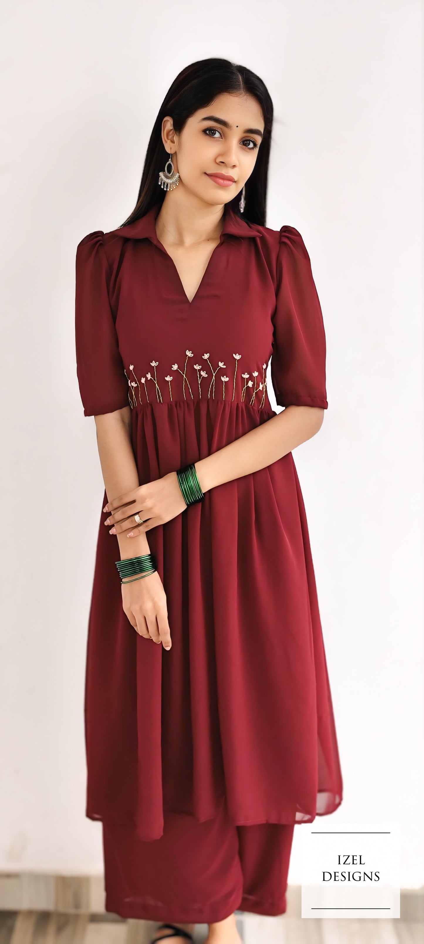 Hand embroidery slitted gather top & loose bottom