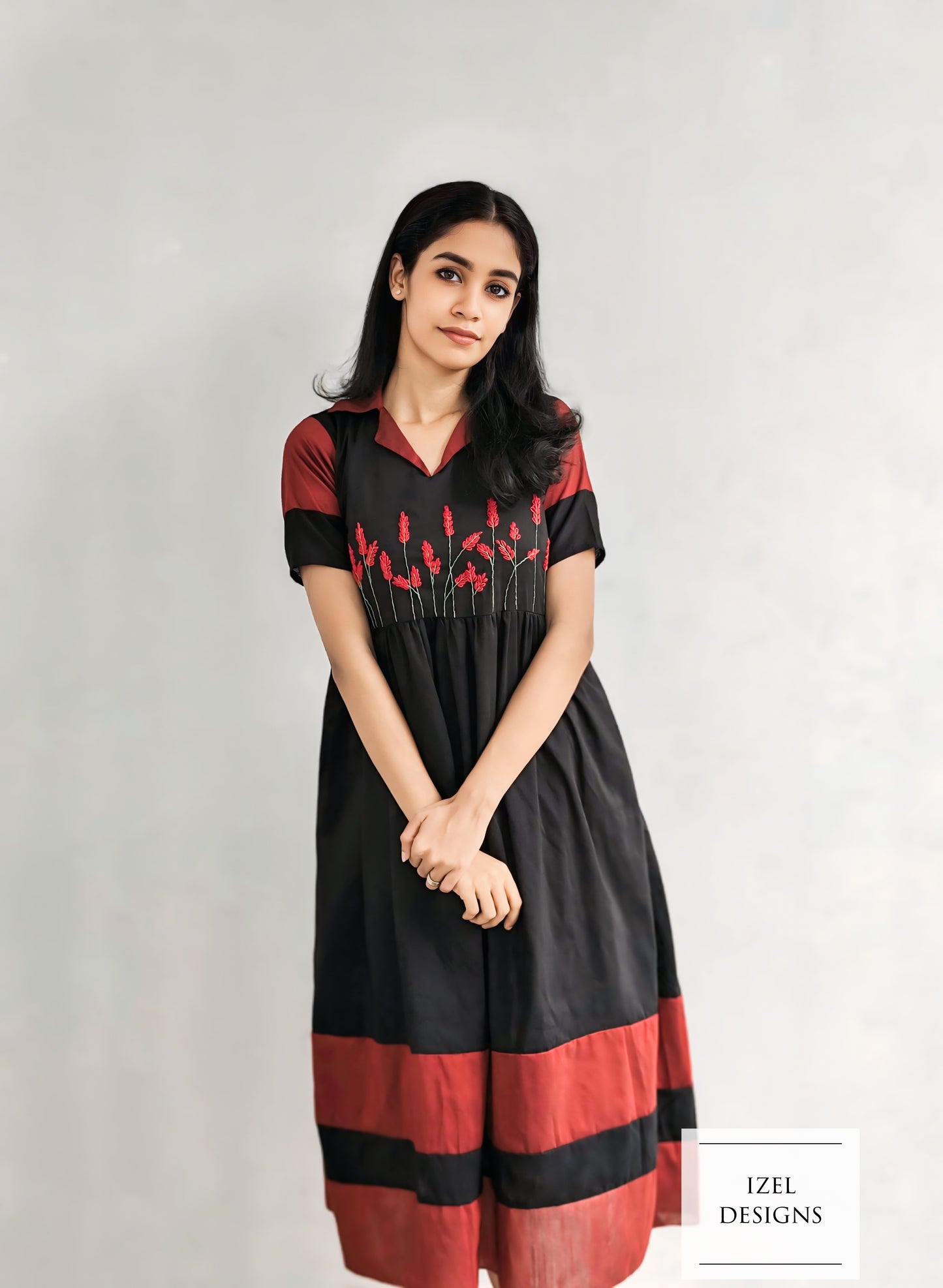 Hand embroidery gathered maxi dress