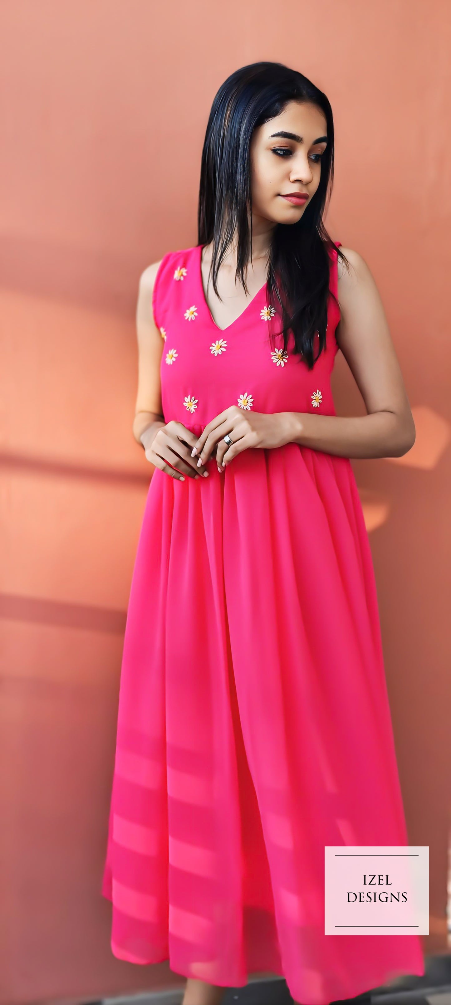 Hand embroidery gathered aline maxi dress