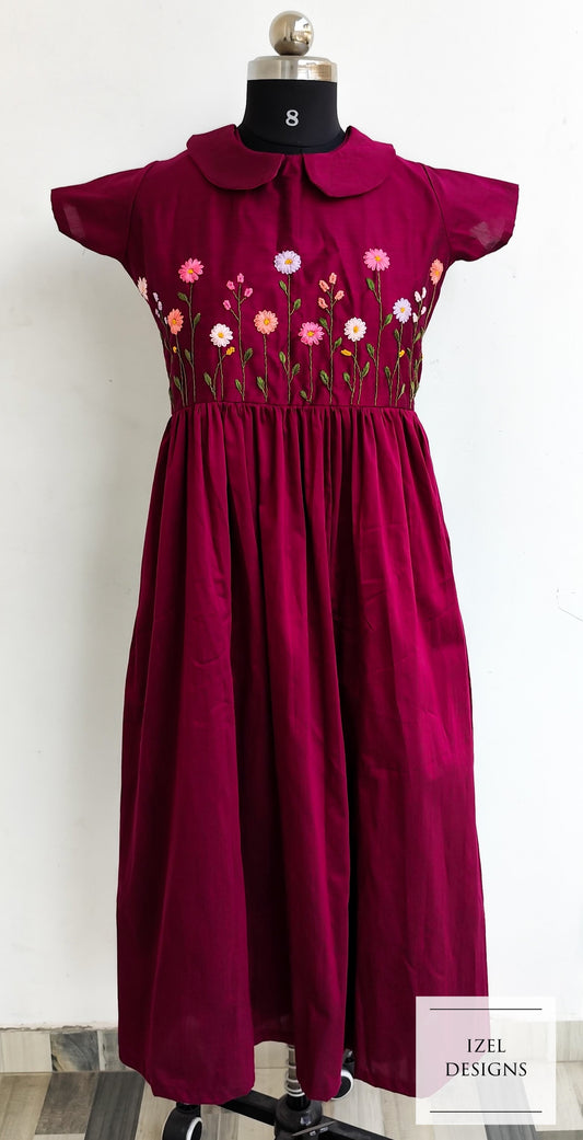 Hand embroidery gathered maxi dress