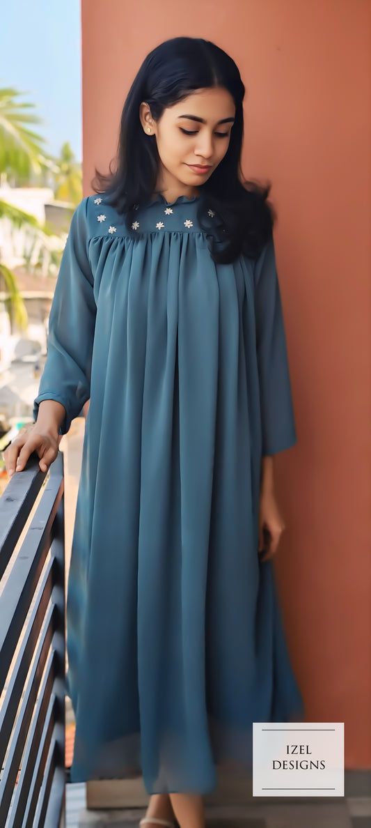 Hand embroidery gathered maxi dress