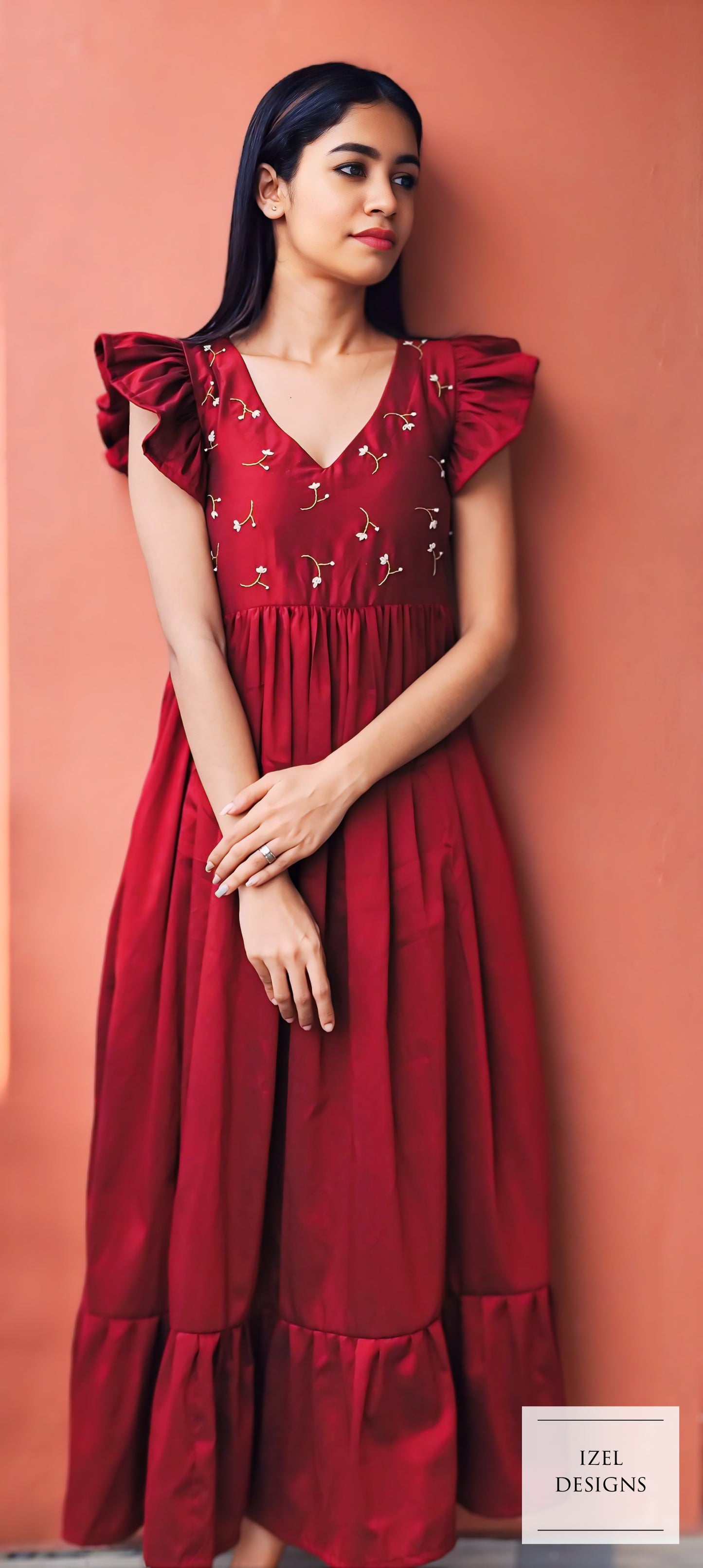 Hand embroidery gathered maxi dress