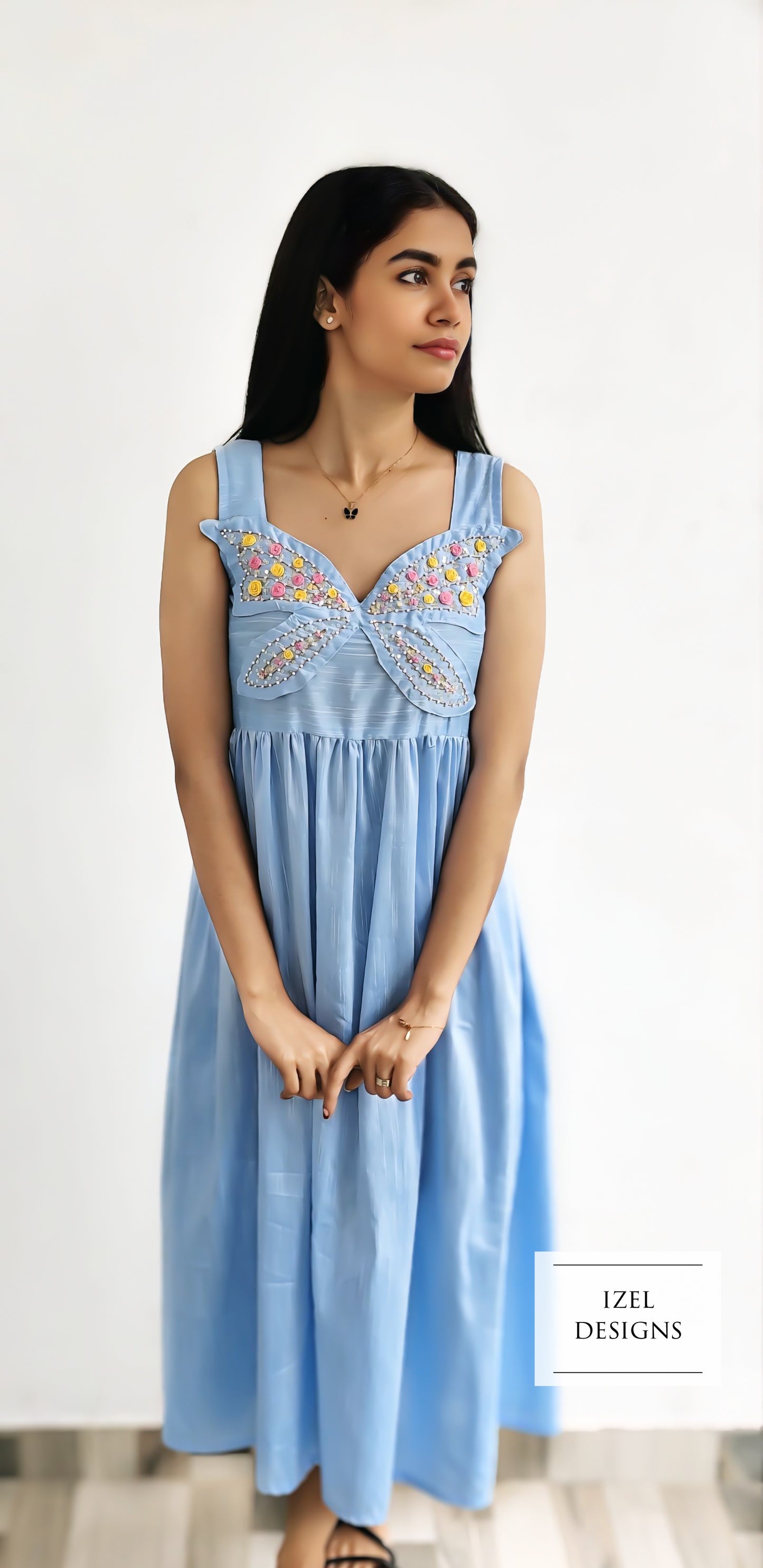 Hand embroidery gathered maxi dress